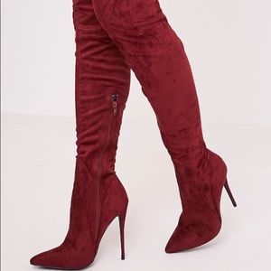 Burgundy Faux Suede Thigh High Heeled Boots
